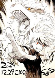 1boy arcanine blue_oak comiket_105 dated game_freak gen_1_pokemon greyscale highres male_focus medium_hair monochrome nintendo pointing pokemon pokemon_(creature) pokemon_frlg red_eyes seijun spiked_hair spot_color