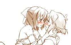 10s 2girls arms_around_neck bad_id bad_pixiv_id bra couple hair_ornament hair_ribbon kohinata_miku monochrome multiple_girls partially_colored ribbon senki_zesshou_symphogear shirt_slip sweat tachibana_hibiki_(symphogear) tsuta_no_ha underwear yuri