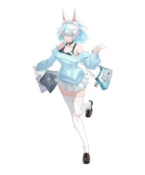 1girl absurdres animal_ear_fluff animal_ears antenna_hair asus bag black_choker black_shoes black_tank_top blue_eyes blue_hair blue_nails blue_sweater breasts casual choker cleavage collarbone colored_inner_hair commentary_request full_body highres holding holding_bag leg_up light_blue_hair loafers long_sleeves looking_at_viewer medium_breasts medium_hair miniskirt multicolored_hair nail_polish off-shoulder_sweater off_shoulder official_art parted_lips pleated_skirt ro_ji_(asus) shanyao_jiang_tororo shoes shopping_bag short_hair shoulder_bag simple_background skirt solo streaked_hair sweater tachi-e tank_top thighhighs two-tone_hair w white_background white_hair white_skirt white_thighhighs zettai_ryouiki