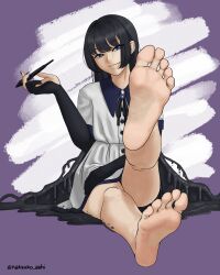 1girl absurdres artist_name bare_legs barefoot black_gloves black_hair black_nails blue_eyes closed_mouth collared_shirt commission dress elbow_gloves eyelashes feet foot_focus foreshortening gloves hand_up highres holding leg_up long_hair looking_at_viewer mua_(aiharararara) nail_polish natsuko_ashi original partially_fingerless_gloves purple_background second-party_source shirt short_dress short_sleeves soles solo toes twitter_username very_long_hair white_dress