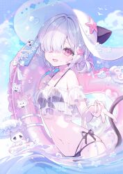 1girl :d absurdres bare_shoulders bikini bird black_bikini blue_sky braid breasts cellphone commentary_request commission commissioner_name cowboy_shot creature day english_text frilled_bikini frills gyaru_v hair_over_one_eye hat highres holding holding_phone holding_swim_ring innertube konpe_itou layered_bikini long_hair looking_at_viewer navel open_mouth original outdoors partially_submerged phone polka_dot red_eyes side-tie_bikini_bottom skeb_commission sky small_breasts smartphone smile solo standing starfish starfish_hair_ornament swim_ring swimsuit v wet white_hair white_hat