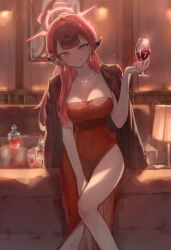 Rule 34 | 1girl, alcohol, aru (blue archive), aru (dress) (blue archive), b4mbo0, between legs, blue archive, blush, breasts, brown horns, cleavage, coat, coat on shoulders, covered navel, cup, demon horns, dress, drinking glass, earrings, feet out of frame, flower, halo, hand between legs, highres, holding, holding cup, horns, jewelry, large breasts, long hair, looking at viewer, necklace, official alternate costume, pink hair, pink halo, red coat, red dress, red flower, red rose, rose, side slit, smile, solo, strapless, strapless dress, thighs, wine, wine glass, yellow eyes