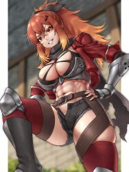 1girl abs bandeau belt black_bandeau black_boots black_gloves black_ribbon black_scarf black_shorts blonde_hair blurry blurry_background boobplate boots breastplate breasts brown_belt cleavage commentary cropped_jacket crossed_bangs fingerless_gloves gauntlets gloves gradient_hair grin hair_between_eyes hair_ornament hair_ribbon hairclip hands_on_own_hips highres jacket katainaka_no_ossan_kensei_ni_naru knee_boots knee_pads large_breasts long_hair long_sleeves looking_at_viewer micro_shorts midriff multicolored_hair navel open_clothes open_fly open_jacket red_eyes red_hair red_jacket red_thighhighs ribbon scarf shorts sidelocks skindentation skylock smile solo standing surena_lysandra teeth thighhighs torn_clothes torn_scarf