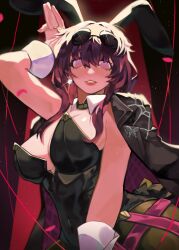 Rule 34 | 1girl, black jacket, bori bori7, breasts, butterfly pin, cleavage, cowboy shot, detached collar, earrings, eyewear on head, from below, glint, hair between eyes, highres, honkai: star rail, honkai (series), jacket, jewelry, kafka (honkai: star rail), large breasts, leotard, long hair, long sleeves, looking at viewer, pantyhose, pink eyes, playboy bunny, purple hair, rabbit pose, round eyewear, single earring, smile, solo, spotlight, string, sunglasses, wrist cuffs