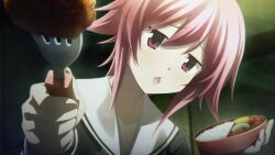 1girl :o annoyed bento black_dress blush bow breasts chaos;child chaos;child_love_chu_chu!! cherry_tomato chest_bow collarbone colored_eyelashes dress feeding food fork game_cg hair_between_eyes head_tilt hekiho_academy hekiho_academy_school_uniform highres holding holding_bento holding_fork incoming_food indoors long_sleeves looking_at_viewer lunchbox narrowed_eyes non-web_source official_art omelet onoe_serika open_mouth pink_eyes pink_hair rice sailor_collar sasaki_mutsumi school_uniform short_hair short_hair_with_long_locks sidelocks solo tamagoyaki tempura tomato white_sailor_collar