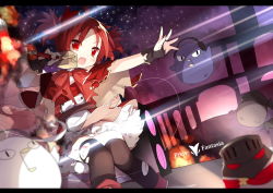 1girl black_thighhighs copyright_name dutch_angle fang holding letterboxed open_mouth outstretched_arm pixiv_fantasia pixiv_fantasia_t red_eyes red_hair saru short_hair thighhighs torn_clothes torn_legwear twintails