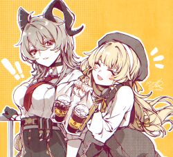Rule 34 | !, !!, 2girls, alternate costume, black choker, black horns, black pants, black skirt, blonde hair, breasts, chest harness, choker, chromatic aberration, closed eyes, collared shirt, commentary request, compose coffee, cup, curled horns, disposable coffee cup, disposable cup, earrings, grey hair, harness, heavy chromatic aberration, high-waist pants, highres, horns, jewelry, key earrings, korean commentary, large breasts, long hair, long sleeves, looking at viewer, multiple girls, necktie, open mouth, pants, parted lips, phoebe (wuthering waves), red necktie, shirt, shirt tucked in, signature, skirt, smile, sw haze, white shirt, wuthering waves, yellow background, zani (wuthering waves)