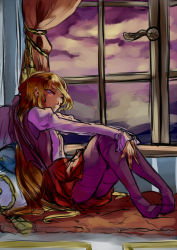 Rule 34 | 1girl, bat wings, bell sleeves, bow, cloud, cloudy sky, curtains, cushion, dilaih, earrings, elis (touhou), female focus, frilled sleeves, frills, from side, hair bow, hair flowing over, hair spread out, hands on own knees, indoors, jewelry, juliet sleeves, latch, legs, long hair, long sleeves, looking outside, makai (touhou), no shoes, pillow, puffy sleeves, purple thighhighs, reclining, red bow, red skirt, ruffled cuffs, shirt, sitting, skirt, sky, solo, star (symbol), stud earrings, tassel, tattoo, thighhighs, thighs, touhou, touhou (pc-98), very long hair, vest, white shirt, window, wings
