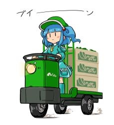 1girl aqua_shirt aqua_skirt beads blue_hair blush boots box cardboard_box cucumber driving green_hat hair_beads hair_ornament hat kawashiro_nitori key logo medium_hair motor_vehicle pocket rubber_boots shirt simple_background skirt solo standing three-wheeler touhou twintails uisu_(noguchipint) white_background |_|
