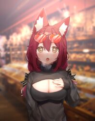 1girl :o animal_ear_fluff animal_ears black_sweater blurry blurry_background blush bow breasts chromatic_aberration cleavage cleavage_cutout clothing_cutout depth_of_field eyewear_on_head fox_ears hair_bow hand_on_own_chest heart highres large_breasts long_hair looking_at_viewer meme_attire miyayoki open-chest_sweater open_mouth original red_hair solo sunglasses sweater turtleneck twintails upper_body wrinkled_fabric yellow_eyes