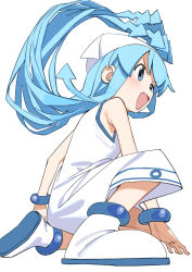 1girl absurdres blue_eyes blue_hair blue_hat blue_trim bracelet dress from_side full_body haruyuki_(gffewuoutgblubh) hat highres ikamusume jewelry light_blush long_hair looking_ahead on_one_knee open_mouth shinryaku!_ikamusume simple_background sleeveless sleeveless_dress smile solo tentacle_hair white_background white_dress white_footwear