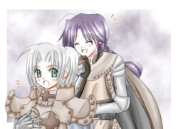1boy 1girl 2000s_(style) armor cape closed_eyes commentary_request cosplay costume_switch crusader_(ragnarok_online) curtained_hair dated_commentary gauntlets green_eyes grey_cape grey_hair knight_(ragnarok_online) long_hair looking_at_another lowres open_mouth pauldrons purple_hair ragnarok_online sharari shoulder_armor smile upper_body