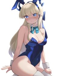 1girl absurdres animal_ears bare_shoulders blonde_hair blue_archive blue_eyes blue_leotard blush bow breasts cleavage detached_collar fake_animal_ears highleg highleg_leotard highres large_breasts leotard long_hair looking_at_viewer playboy_bunny rabbit_ears rabbit_tail sen_chan_(akane1023) sitting solo strapless strapless_leotard tail thighhighs toki_(blue_archive) toki_(bunny)_(blue_archive) transparent_background wrist_cuffs