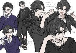 1boy adjusting_eyewear black-framed_eyewear black_eyes black_hair black_jacket black_pants black_sandals black_shirt blush closed_eyes closed_mouth commentary_request fang floral_print formal_clothes full_body gloves hair_between_eyes hand_on_own_cheek hand_on_own_face highres huzurina_suruba jacket jewelry looking_at_viewer male_focus neck_tattoo necklace necktie open_mouth original pants parted_lips purple_necktie purple_suit sandals shirt short_hair simple_background skin_fang smile suit tattoo teeth tongue tongue_out torn_clothes torn_pants upper_body v white_background white_gloves white_shirt
