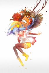 1girl absurdly_long_hair absurdres ankle_boots anniversary aqua_eyes aqua_hair arifureta_sekai_seifuku arifureta_sekai_seifuku_(vocaloid) artist_name artist_request bad_id bad_pixiv_id bandaid bandaid_on_face bandaid_on_nose birthday black_pantyhose black_sleeves blue_eyes blue_hair boots bow breasts dress expressionless feathers female_focus floating_hair flower full_body hair_bow hair_ornament hair_ribbon happy_birthday hatsune_miku highres layered_sleeves long_hair long_sleeves long_twintails looking_at_viewer pants pantyhose parted_lips puffy_shorts red_eyes red_ribbon red_scarf ribbon rubber_boots scarf scarfshirt shirt short_sleeves shorts simple_background smile solo striped_clothes striped_scarf thighhighs twintails very_long_hair vocaloid white_background white_shirt wings yellow_boots yellow_bow yellow_pants yellow_ribbon yellow_shorts yyb