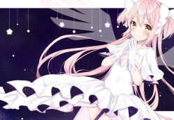 1girl border bow breasts choker cleavage cleavage_cutout clothing_cutout collarbone comiket_97 commentary_request covered_navel cowboy_shot diamond_cutout dot_nose dress energy_wings frilled_dress frilled_sleeves frills gloves hair_between_eyes hair_bow highres kaname_madoka letterboxed light_blush long_dress long_hair looking_at_viewer mahou_shoujo_madoka_magica mahou_shoujo_madoka_magica_(anime) mochiko_(uyu_omochi) outside_border own_hands_together parted_lips pink_hair pink_thighhighs pink_wings pleated_sleeves short_sleeves solo space space_print standing star_(symbol) starry_sky_print tareme thighhighs transparent_wings two-sided_dress two-sided_fabric two_side_up ultimate_madoka very_long_hair white_border white_bow white_choker white_dress white_gloves wings yellow_eyes