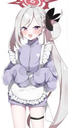 1girl absurdres alternate_costume apron blue_archive grey_hair gym_uniform halo highres jacket murase48 mutsuki_(blue_archive) purple_eyes purple_jacket side_ponytail solo twitter