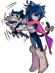 Rule 34 | 1boy, 1other, 2025, animal ears, animal hands, antenna hair, black tail, blue bodysuit, blue hair, bodysuit, boots, bow, cape, carrying, carrying person, cat boy, cat ears, cat paws, cat tail, chromatic aberration, closed mouth, colored skin, deformed, deltarune, double-parted bangs, faceless, facing another, film grain, frown, full body, gloves, grey boots, grey skin, highres, kemonomimi mode, knee boots, kris (deltarune), noppo (nopon), pink cape, red bow, short sleeves, simple background, spamton g. spamton, standing, sweatdrop, tail, tail bow, tail ornament, white background, white gloves