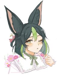 1boy animal_ear_fluff animal_ears arm_up black_hair blush commentary_request cropped_torso double-parted_bangs flower frilled_shirt frilled_sleeves frills genshin_impact green_hair green_ribbon hair_between_eyes hair_flower hair_ornament janedoe_1229 large_ears leaf looking_to_the_side male_focus multicolored_eyes multicolored_hair neck_ribbon one_eye_closed open_mouth pink_flower ribbon shirt sideways_glance simple_background solo streaked_hair tighnari_(genshin_impact) white_background white_shirt