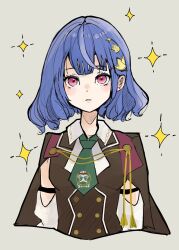 1girl arms_at_sides assault_lily blue_hair blush brown_background brown_cape brown_vest buttons cape collared_shirt commentary_request cropped_arms cropped_torso detached_sleeves earrings green_necktie hair_ornament highres iwaya_kukuri jewelry leaf_hair_ornament long_sleeves looking_at_viewer necktie parted_lips pink_eyes sally_(allogkk) school_uniform shirt short_hair short_necktie simple_background sleeveless sleeveless_shirt solo sparkle stud_earrings tassel upper_body vest white_background