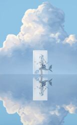 1girl absurdres alternate_costume anklet ash_again_(gawr_gura) back_bow backless_dress backless_outfit blue_eyes blue_hair blue_sky blunt_bangs bow bracelet cloud cumulonimbus_cloud day detached_sleeves door dress fins fish_tail from_behind full_body gawr_gura grey_hair highres holding holding_polearm holding_weapon hololive hololive_english igonnaswing jewelry long_hair looking_at_viewer looking_back multicolored_hair outdoors polearm reflection reflective_water sandals shark_girl shark_tail sky sleeveless sleeveless_dress solo streaked_hair tail trident turning_head virtual_youtuber weapon white_dress white_hair