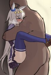 1boy 1girl absurdres ahoge animal_ears clothed_female_nude_male clothed_sex ear_ornament grey_hair grey_tail hetero highres horse_ears horse_girl horse_tail leg_lock lifting_person multicolored_hair nude oguri_cap_(umamusume) purple_shirt sailor_collar sailor_shirt school_uniform sex shirt suspended_congress tail tracen_school_uniform ugohato umamusume unfinished