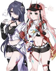 2girls acheron_(honkai:_star_rail) baseball_cap black_choker black_hat black_shorts blue_hair breasts choker cleavage coat crop_top hair_ornament hair_over_one_eye halterneck hand_up hat highres honkai:_star_rail honkai_(series) horned_hat leg_tattoo long_hair medium_breasts midriff multicolored_hair multiple_girls navel pink_hair purple_eyes purple_hair rappa_(honkai:_star_rail) shirt short_shorts shorts simple_background single_bare_shoulder stomach streaked_hair tattoo thighs very_long_hair white_background white_coat white_shirt yr0_gg