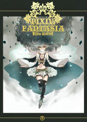 Rule 34 | 1girl, black thighhighs, breasts, cleavage, cloak, copyright name, detached sleeves, elf, full body, grey hair, long hair, looking at viewer, navel, nerine (pixiv fantasia new world), pixiv fantasia, pixiv fantasia new world, pointy ears, ren-co, skirt, smile, solo, thighhighs, very long hair, white cloak, white skirt, wide sleeves, yellow eyes