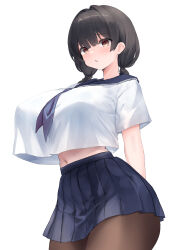 1girl absurdres black_hair blue_neckerchief blue_skirt breasts brown_eyes brown_pantyhose commentary_request highres huge_breasts looking_at_viewer neckerchief original pantyhose pleated_skirt school_uniform serafuku shirt short_sleeves short_twintails simple_background skirt solo twintails white_background white_shirt yuuki_shuri