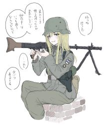 1girl absurdres blonde_hair blue_eyes cigarette combat_helmet estonian_flag female_focus germany gun helmet highres long_hair machine_gun mg42 military military_uniform original shichisaburo sitting smoking soldier solo stahlhelm translated waffen-ss waffen_ss weapon white_background world_war_ii