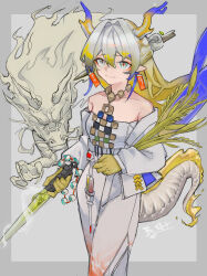 1girl 1other absurdres arknights bare_shoulders bead_necklace beads blonde_hair breasts brooch claws closed_mouth collarbone dragon dragon_girl dragon_horns dragon_tail earrings eastern_dragon eastern_dragon_horns eastern_dragon_tail fwfp5538 green_eyes hair_between_eyes highres holding holding_sword holding_weapon horns jewelry long_hair long_sleeves necklace pointy_ears rice_(plant) shu_(arknights) simple_background small_breasts strapless sword tail tassel tassel_earrings tube_top weapon white_background white_tube_top