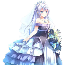 1girl absurdres blue_eyes blush bouquet breasts closed_mouth collarbone dress duel_monster elbow_gloves flower gloves grey_hair hair_ornament highres jewelry kanzakietc long_hair looking_at_viewer medium_breasts necklace off-shoulder_dress off_shoulder simple_background snowflake_hair_ornament teardrop_the_rikka_queen veil white_background white_gloves yu-gi-oh!