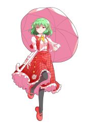 1girl alphes_(style) ascot black_pantyhose breasts closed_mouth collared_shirt commentary_request dairi dress_shirt flower frilled_ascot frilled_skirt frills full_body green_hair hair_between_eyes high-waist_skirt highres holding holding_umbrella index_finger_raised kazami_yuuka leg_up long_skirt looking_at_viewer mary_janes open_clothes open_vest pantyhose parody plaid_clothes plaid_vest red_eyes red_shoes red_skirt red_vest shirt shoes short_hair skirt small_breasts smile solo style_parody tachi-e touhou transparent_background tsurime umbrella v-shaped_eyebrows vest white_shirt white_umbrella yellow_ascot
