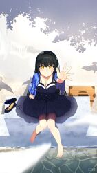 1girl :d absurdres arm_at_side arm_up artist_name barefoot bird black_hair black_hairband black_shoes black_skirt blue_capelet blurry blush bone_hair_ornament breasts capelet cappu_chino1204 choker cleavage collarbone commentary day depth_of_field eyelashes feet frilled_capelet frilled_choker frills from_above full_body hair_between_eyes hair_ornament hairband highres jewelry key key_necklace knees_together_feet_apart kushima_kamome large_breasts long_hair looking_at_viewer looking_up medium_skirt motion_blur name_connection necklace ocean open_mouth outdoors outstretched_hand rolling_eyes seagull shadow shoes shore sitting skirt skull_and_crossbones skull_hair_ornament smile solo straight_hair summer_pockets toenails toes unworn_shoes very_long_hair yellow_eyes