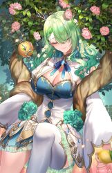 1girl antlers apple blue_bow blue_bowtie blue_dress blue_gemstone blush bow bowtie braid braided_bangs branch breasts ceres_fauna ceres_fauna_(1st_costume) cleavage closed_eyes closed_mouth commentary day dress feet_out_of_frame fingernails flower food frilled_dress frills fruit gem gold_trim golden_apple green_flower green_hair green_nails green_rose hair_flower hair_ornament hair_over_one_eye hanh_chu highres holding holding_food holding_fruit hololive hololive_english horns large_breasts lemon long_fingernails long_hair long_sleeves mole mole_under_eye nail_polish outdoors pink_flower rose shiny_skin single_thighhigh sleeping smile solo thighhighs tree twitter_username virtual_youtuber white_dress white_flower white_thighhighs wide_sleeves