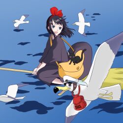 1girl aged_down bag bird black_cat black_hair blue_eyes blunt_bangs broom broom_riding cat commentary_request cosplay dress jiji_(majo_no_takkyuubin) kiki_(majo_no_takkyuubin) kiki_(majo_no_takkyuubin)_(cosplay) majo_no_takkyuubin medium_hair news_coo nico_robin ocean one_piece satchel smile teeth upper_teeth_only yuri_kohi