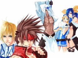 1girl 4boys arc_system_works blonde_hair blue_eyes blue_hair blush breasts bridget_(guilty_gear) brown_eyes brown_hair dark_skin dizzy_(guilty_gear) es es_(cah60700) guilty_gear guilty_gear_x guilty_gear_xx ky_kiske large_breasts long_hair multiple_boys red_eyes ribbon short_hair sideboob sol_badguy tail trap venom_(guilty_gear) white_hair