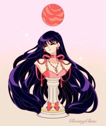 bishoujo_senshi_sailor_moon black_hair breasts choker cleavage closed_eyes dress earrings highres hino_rei jewelry mars_(planet) mroczniak_(gloomy_chuu) necklace pedestal princess_mars red_choker red_dress upper_body