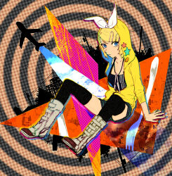 1girl aircraft airplane black_shirt black_thighhighs blonde_hair blue_eyes boots collarbone eyelashes fork hair_ornament hairclip highres hood hoodie jewelry kagamine_rin knife mitosa necklace serious shirt short_hair shorts sitting solo spiral spiral_background star_(symbol) thighhighs utility_pole vocaloid white_boots yellow_hoodie