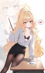 1girl absurdres alternate_costume alternate_hairstyle arm_support black_bra black_pantyhose black_skirt blonde_hair blue_archive blush bra bra_peek breasts closed_mouth collared_shirt commentary_request cuffs desk drawing_flover fluffy_hair green_eyes halo hand_up handcuffs heart highres holding holding_pointer long_hair long_sleeves looking_at_viewer on_desk pantyhose paper pencil_skirt pointer ponytail professor_niyaniya_(blue_archive) professor_niyaniya_(teacher)_(blue_archive) school_desk shirt shirt_tucked_in side_ahoge simple_background sitting skirt small_breasts smile spoken_heart teacher thighs underwear white_background white_shirt yellow_halo zoom_layer
