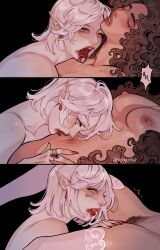 Rule 34 | 2girls, ahageao49, artist name, between legs, black background, blood, blood from mouth, brown hair, closed eyes, commentary, earrings, english commentary, fangs, female pubic hair, highres, imminent cunnilingus, jewelry, long hair, multiple girls, nipples, nude, open mouth, original, pointy ears, pubic hair, red eyes, red lips, red nails, simple background, thighhighs, vampire, white hair, white thighhighs, yellow eyes, yuri