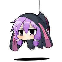 1girl chibi female_focus hair_ornament hanging hood hook long_hair looking_at_viewer open_mouth purple_eyes purple_hair solo twumi vocaloid voiceroid yuzuki_yukari