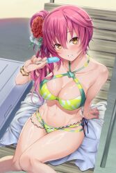 1girl bikini breasts brown_eyes chair cleavage commentary commission criss-cross_halter emanon123 feet_out_of_frame flower food green_bikini hair_flower hair_ornament halterneck large_breasts lounge_chair multi-strapped_bikini_bottom navel original parted_bangs popsicle purple_eyes side-tie_bikini_bottom side_ponytail sitting skeb_commission solo swimsuit