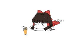 1girl animated animated_gif barefoot bow brown_hair chibi cup drink drinking_glass drinking_straw full_body hair_bow hair_tubes hakurei_reimu juice looking_up lying manamanami on_stomach orange_juice outstretched_arms pillow ribbon-trimmed_sleeves ribbon_trim skirt solo_focus touhou