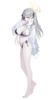 Rule 34 | 1girl, absurdres, barefoot, bikini, black bikini, blue archive, blue hoodie, breasts, cleavage, clothes lift, cropped hoodie, full body, halo, highres, hood, hoodie, hoodie lift, large breasts, legs, long hair, long sleeves, looking at viewer, moe (blue archive), moe (swimsuit) (blue archive), navel, ness (pjw0168), official alternate costume, puffy long sleeves, puffy sleeves, side-tie bikini bottom, simple background, smile, solo, standing, stomach, swimsuit, thighs, toes, twintails, white background, yellow halo