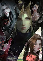 2girls 3boys absurdres aerith_gainsborough aqua_eyes ball black_bra black_hair blonde_hair blue_shirt bra braid braided_ponytail breasts broken_glass brown_hair chest_strap cleavage cloud_strife collarbone earrings facial_scar final_fantasy final_fantasy_vii final_fantasy_vii_remake glass green_eyes grey_hair hair_between_eyes helmet highres holding holding_ball jacket jewelry large_breasts long_bangs materia multiple_boys multiple_girls own_hands_clasped own_hands_together parted_bangs parted_lips red_eyes red_jacket s_sohwagi_s scar scar_on_cheek scar_on_face sephiroth shirt sideburns sidelocks single_braid slit_pupils sports_bra tifa_lockhart turtleneck underwear upper_body white_shirt zack_fair
