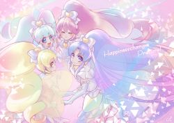 4girls :d aino_megumi blonde_hair blue_eyes blue_hair bow brooch closed_eyes closed_mouth copyright_name cure_fortune cure_fortune_(innocent_form) cure_honey cure_honey_(innocent_form) cure_lovely cure_lovely_(innocent_form) cure_princess cure_princess_(innocent_form) earrings elbow_gloves floating_hair frilled_gloves frills gloves hair_bow hair_ornament happinesscharge_precure! heart heart_brooch heart_earrings heart_hair_ornament high_ponytail highres hikawa_iona jewelry layered_skirt long_hair miniskirt multiple_girls oomori_yuuko open_mouth pink_hair ponytail precure profile shipu_(gassyumaron) shirayuki_hime skirt smile star_(symbol) star_earrings twintails very_long_hair white_bow white_gloves yellow_eyes