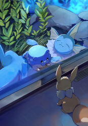 aquarium black_eyes chufflepop closed_eyes commentary eevee english_commentary eye_contact gen_1_pokemon gen_3_pokemon highres indoors looking_at_another lying nintendo no_humans on_back pokemon pokemon_(creature) seaweed sleeping spheal vaporeon