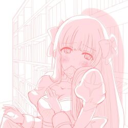 1girl arch_bishop_(ragnarok_online) blush book bookshelf bow breasts chiyunko_(rna-14-fei) cleavage cleavage_cutout closed_mouth clothes_lift clothing_cutout commentary_request condom condom_in_mouth condom_wrapper cross dress dress_lift hair_bow lifting_own_clothes long_hair looking_at_viewer medium_breasts monochrome mouth_hold pink_theme ragnarok_masters ragnarok_online raised_eyebrows smile solo upper_body