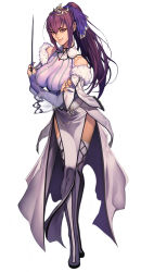 1girl bare_shoulders breasts brown_hair circlet commentary_request crossed_arms fate/grand_order fate_(series) female_focus highres large_breasts legs long_hair oda_non ponytail scathach_(fate) scathach_skadi_(fate) scathach_skadi_(third_ascension)_(fate) simple_background smile solo thighhighs thighs wand white_background white_thighhighs